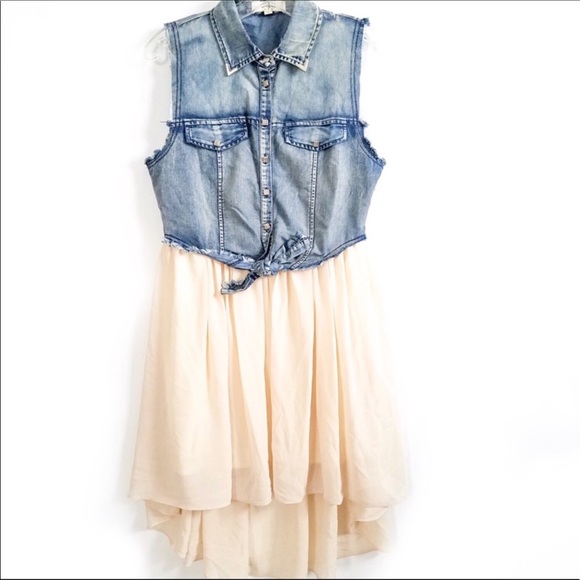 Umgee Western Boho Denim Tie Front Hi Low Dress - Picture 2 of 3